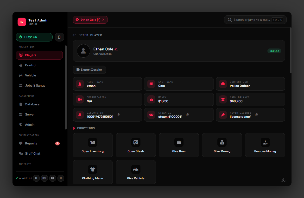 bz-admin player management panel